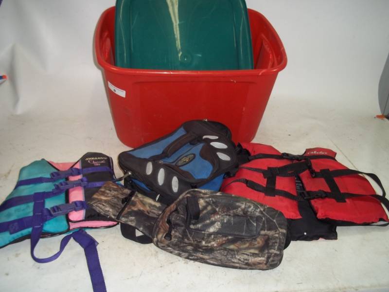 lot 8 image: Life Jackets, tackle box and tote