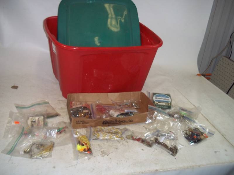 lot 20 image: Assorted Fishing Tackle and supplies with tote