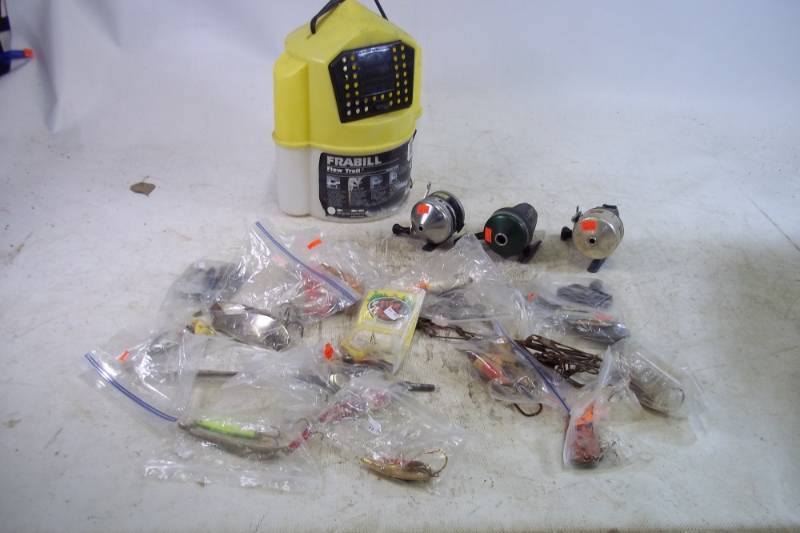 lot 69 image: Minnow Bucket, 3 Reels and Fishing Tackle