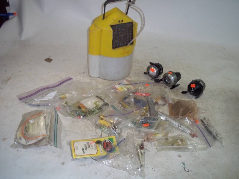lot 73 image: Minnow Bucket, 3 Reels and Fishing Tackle