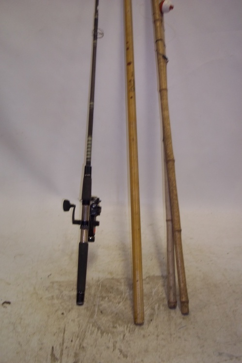 lot 84 image: Rod and reel with 2 Bamboo rods