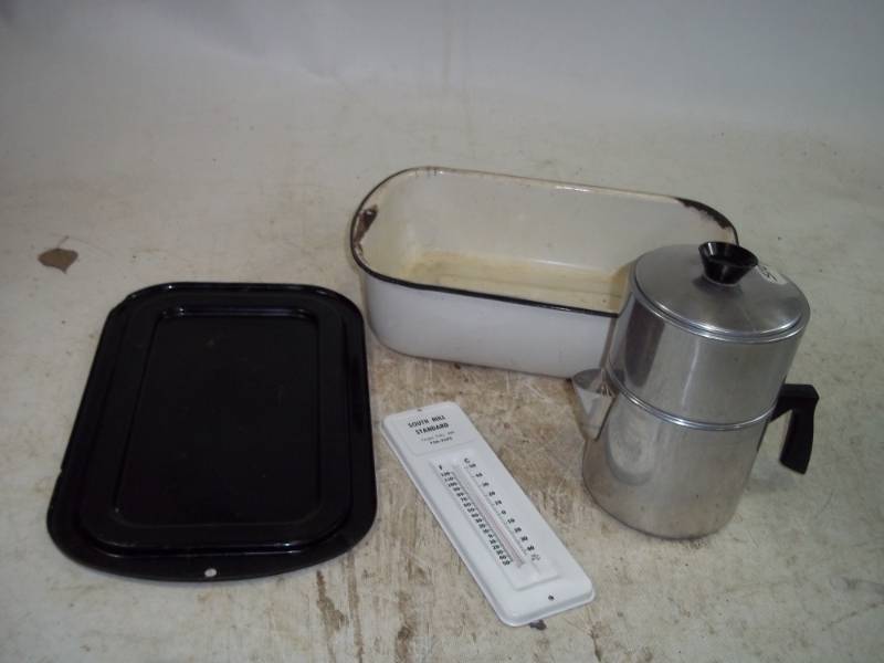 lot 103 image: Vintage coffee pot and thermometer with pan