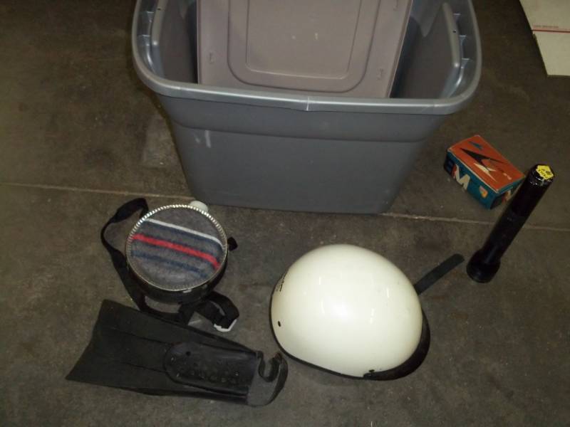 lot 109 image: Tote with helmet, canteen and flashlight