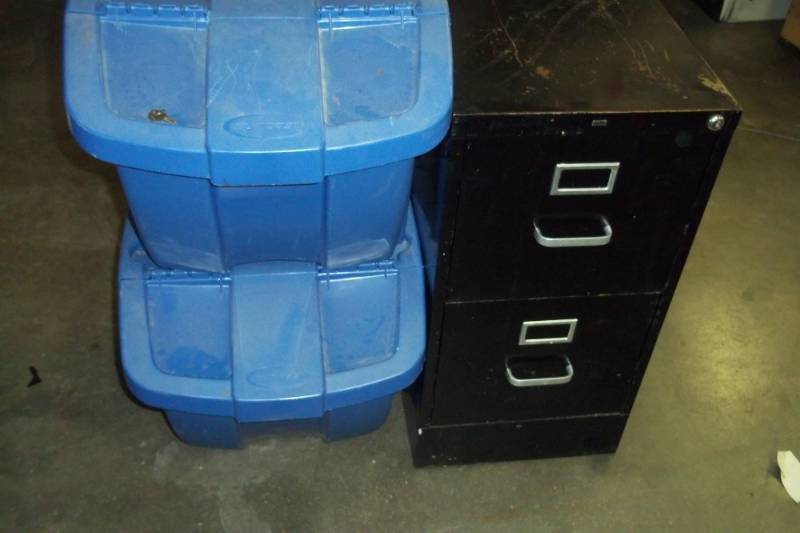 lot 128 image: 2 Recycling Storage totes and file cabinet