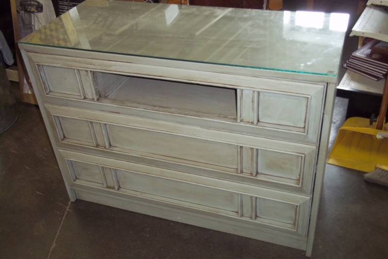 lot 167 image: 3 Drawer Dresser, Glass top, top drawer converted into DVR  DVD slot