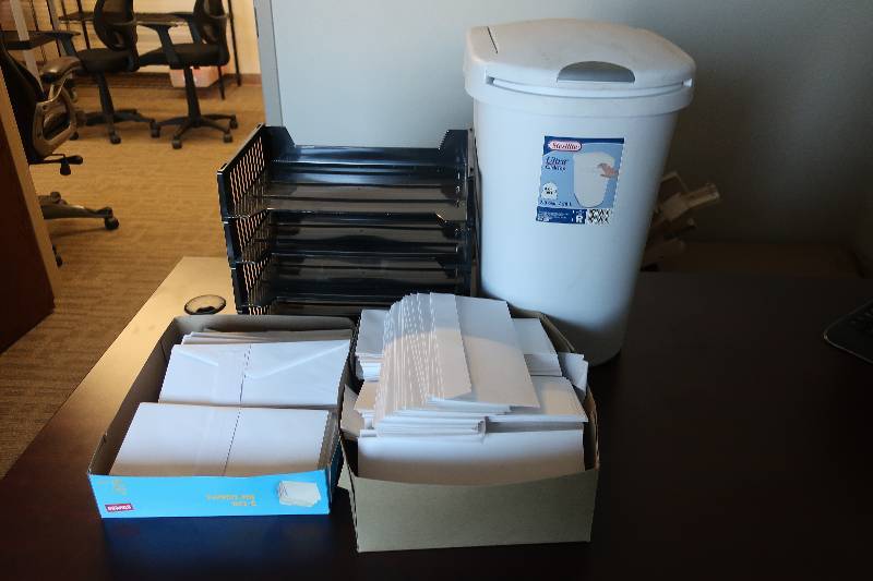 lot 107 image: ENVELOPES, TRAYS AND TRASH CAN