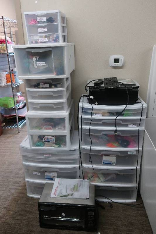 lot 493 image: STACKABLE DRAWER, CONTENTS, PRINTER, TOASTER OVEN