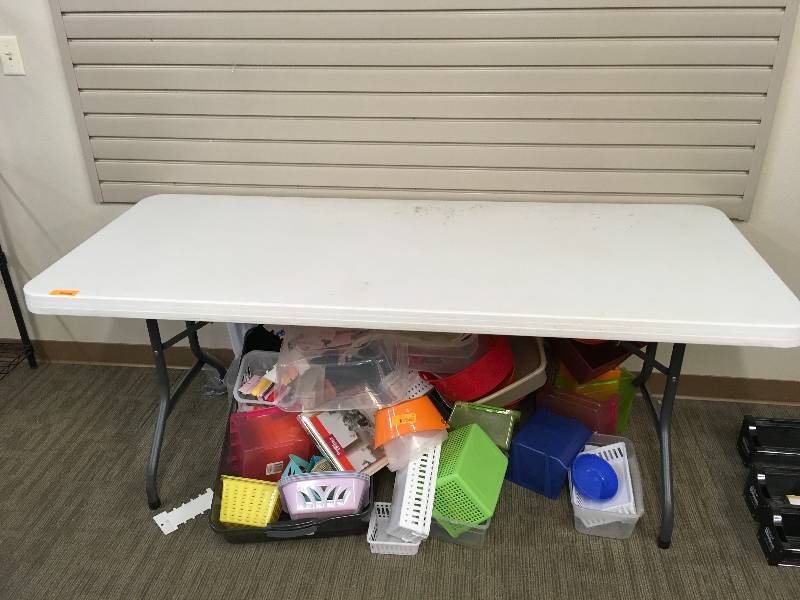 lot 557 image: TABLE, 6 X 30 X 29 TALL. CONTENTS UNDER TABLE ARE NOT INCLUDED