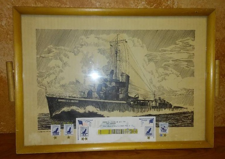 lot 9 image: USS Benham No. 397, 1944 Etching Tray, WWII Destroyer, Keith D Clark, SM 2c USN, Navy Stickers of the conquered, 21 x 15