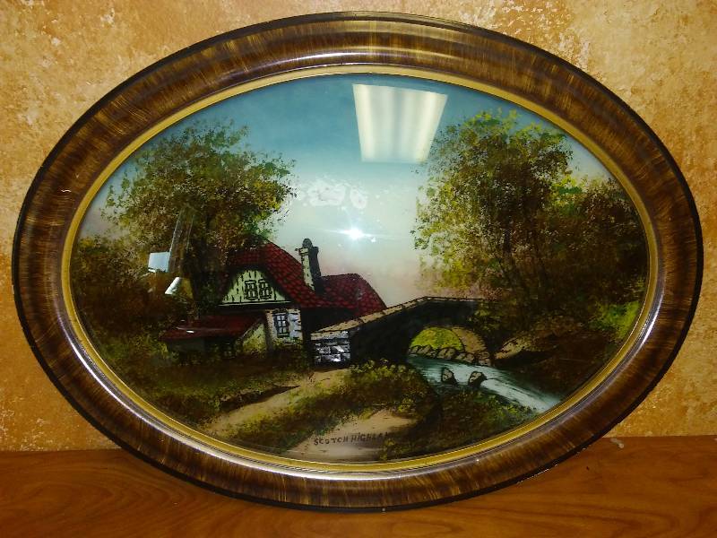 lot 31 image: Antique Oval Round Glass and wood frame