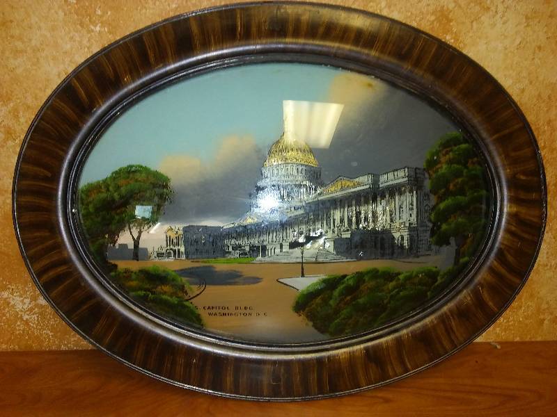 lot 32 image: Antique Oval Round Glass and wood frame Washing DC Foil Art