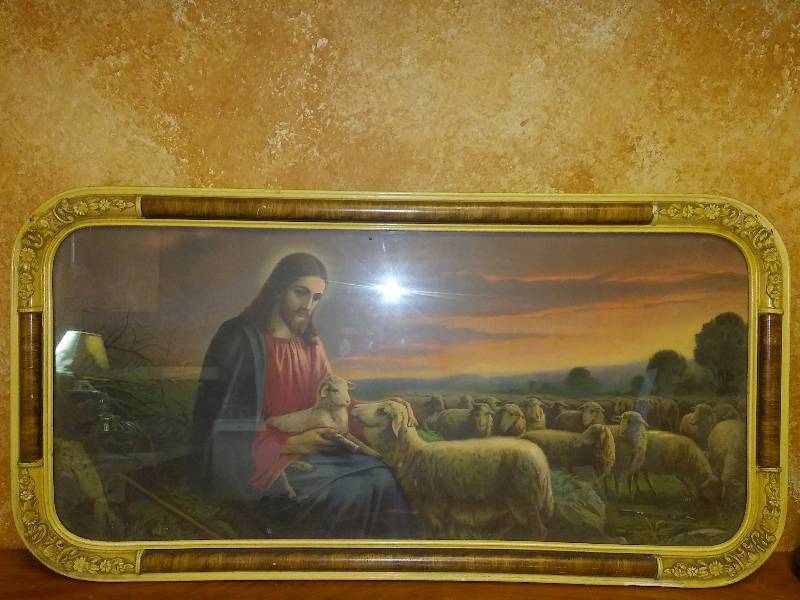 lot 37 image: Vintage Print of Jesus Sitting Among a Herd of Sheep Holding a Baby Lamb litho