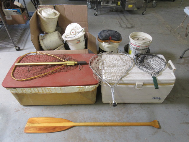 lot 310 image: COOLERS, NETS, BAIT BUCKETS AND MORE
