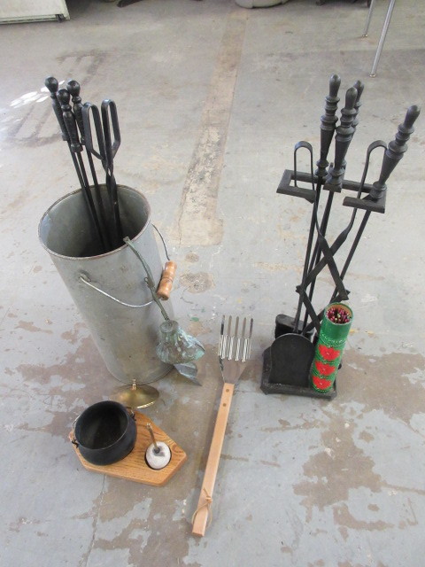 lot 337 image: WROUGHT IRON FIRE PLACE SETS AND WINDCHIME