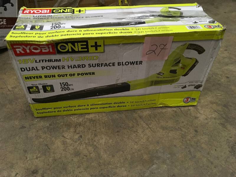 lot 27 image: RYOBI ONE 150 MPH 200 CFM 18-Volt Lithium-Ion Hybrid Leaf BlowerSweeper - 1.3 Ah Battery and Charger Included Not Used