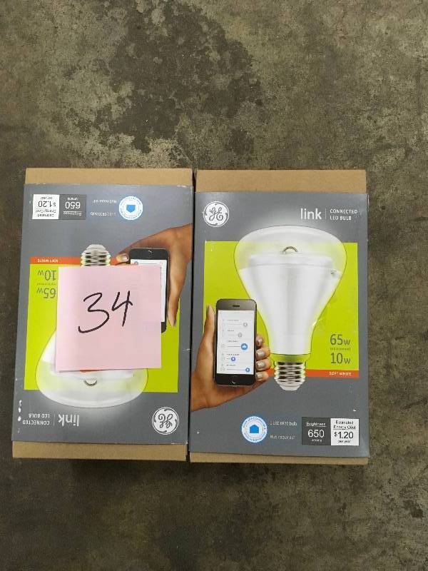 lot 34 image: Lot of 2 pcs GE Link 65W Equivalent Soft White (2700K) BR30 Connected Home LED Light Bulb New