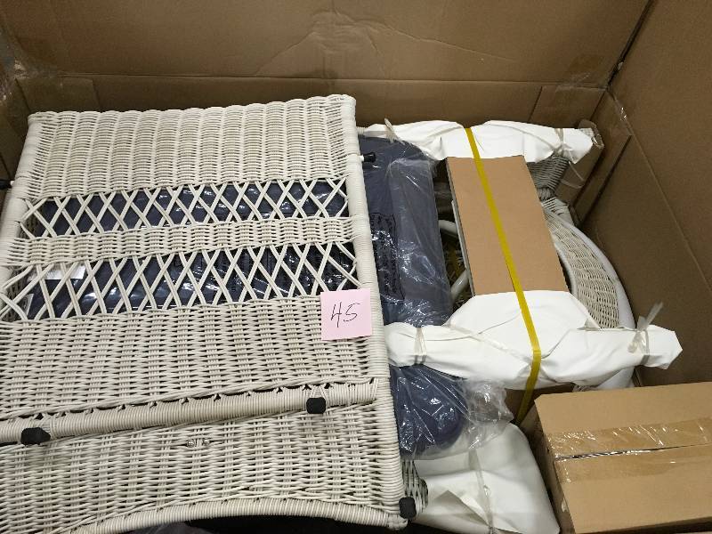 lot 45 image: Hampton Bay Park Meadows Off-White Swivel Rocking Wicker Outdoor Lounge Chair with Midnight Cushion Not Used