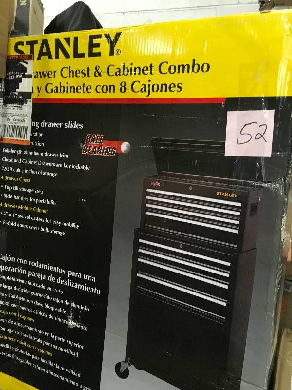 lot 52 image: STANLEY 24 in. W 8-Drawer Tool Chest and Cabinet Combo, Dark Gray Not Used