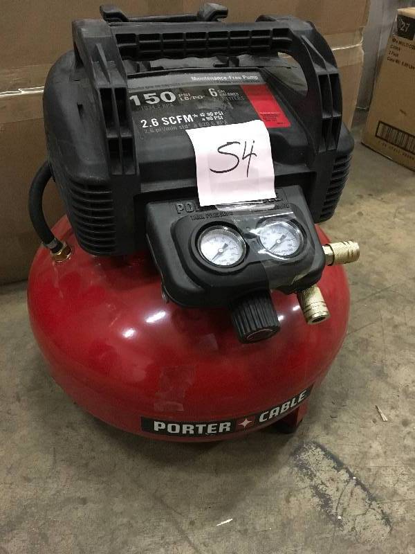 lot 54 image: Porter Cable 6 Gal. 150 PSI Portable Electric Pancake Air Compressor Not Used