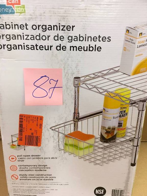 lot 87 image: HDX 11 in. H x 12 in. W x 18 in. D Adjustable Steel Shelf with Basket Cabinet Organizer in Chrome