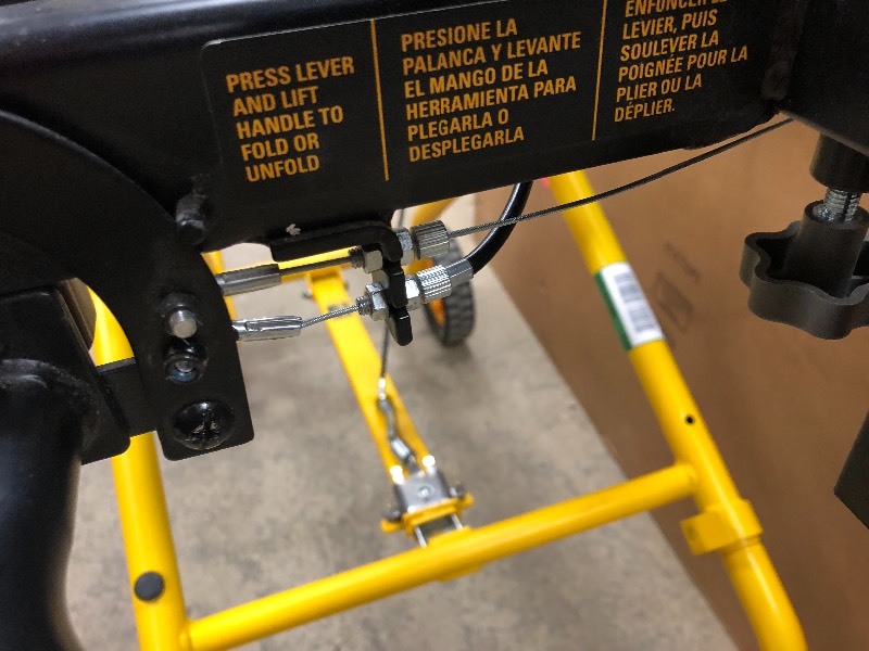 lot 111 image: Dewalt 32-12 in. x 60 in. Rolling Miter Saw Stand assembled but does not fold