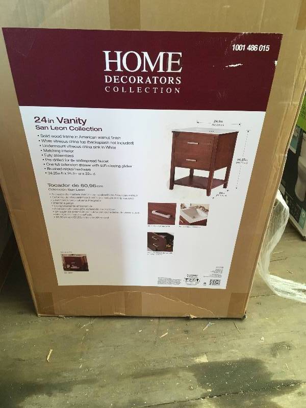 lot 1 image: Home Decorators San Leon 24.5 in. W x 22 in. D x 34.25 in. H Vanity in American Walnut with Vitreous China Vanity Top in White open box not used