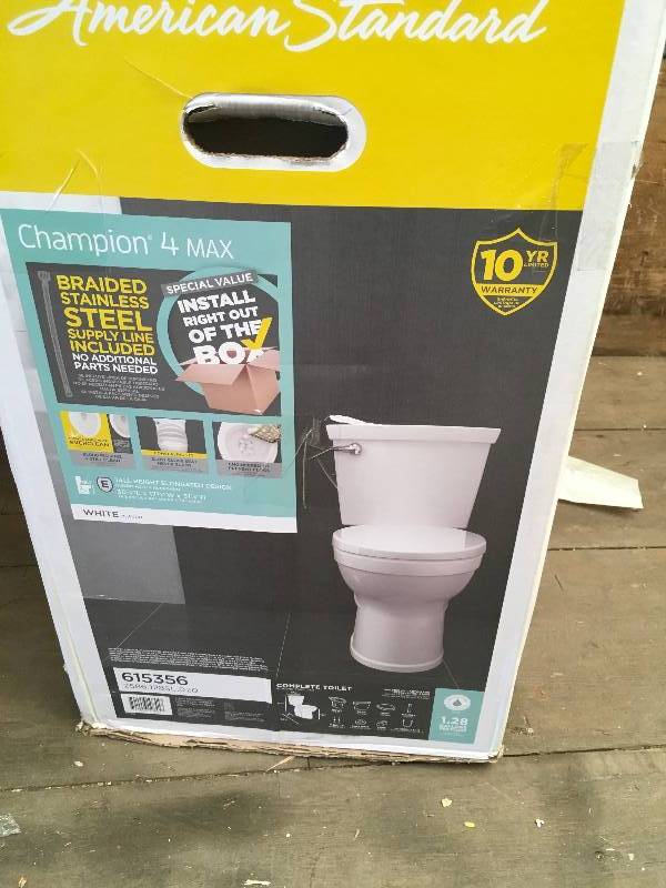 lot 2 image: American Standard Champion 4 Max Tall Height 2-Piece High-Efficiency 1.28 GPF Single Flush Elongated Toilet in White with Slow Close Seat  open box not used