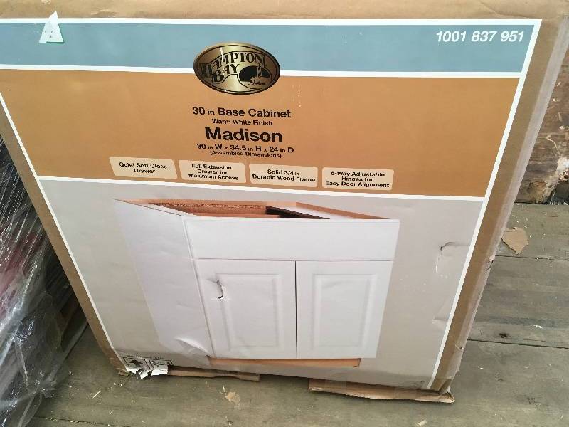 lot 3 image: Hampton Bay Madison Assembled 30x34.5x24 in. Base Cabinet in White  open box not used whit small damage