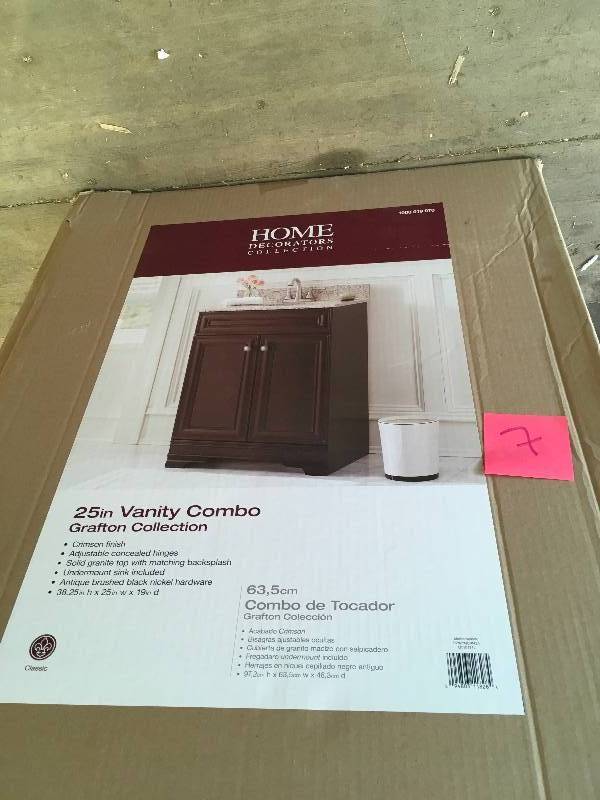 lot 7 image: Home Decorators Grafton 25 in. W Bath Vanity in Crimson with Granite Vanity Top in Beige with White Basin missing splash open box not used