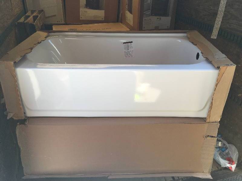 lot 13 image: Bootz Maui 60 in. Right Drain Rectangular Alcove Soaking Bathtub in White  open box not used
