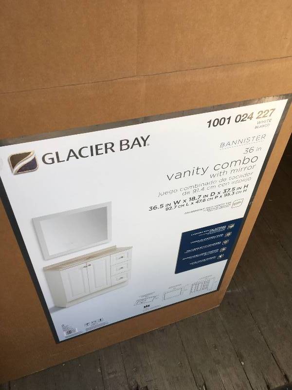 lot 21 image: Glacier Bay Vanity Combo Banister 36 In White  open box not used