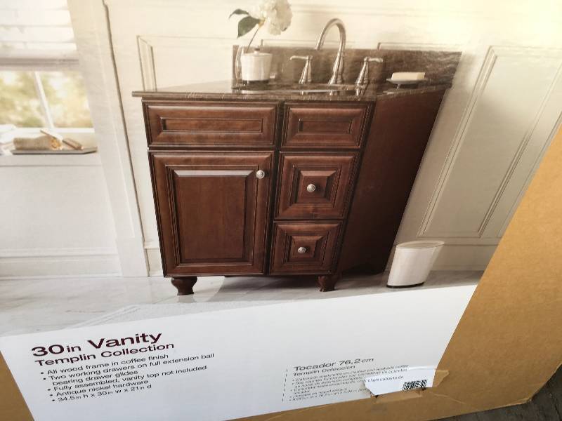 lot 25 image: Classic 30 in Vanity Templin Collection All wood frame in Coffe finish 34.5 in H x 30 in W x 21 in D  open box not used