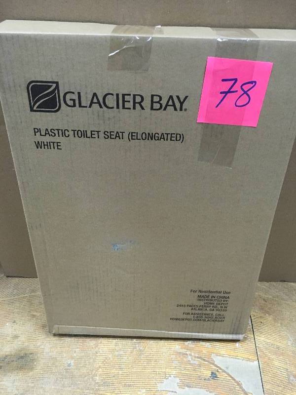 lot 78 image: Glacier Bay Elongated Slow Closed Front Toilet Seat with Quick Release Hinges in White not used