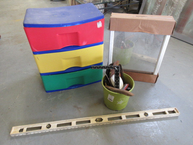 lot 545 image: MEDICINE CABINET, STORAGE CHEST AND MISC TOOLS.