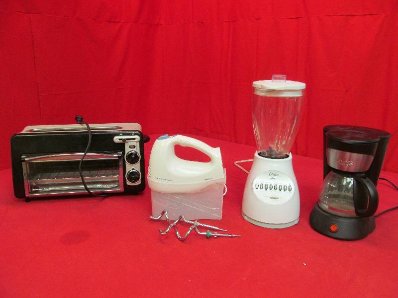 Oster blender, coffee maker, Hamilton Beach toaster, mixer