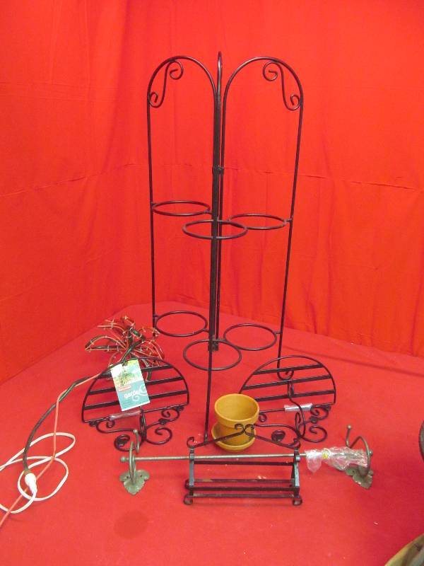 iron plant stand, metal shelf, light up flower