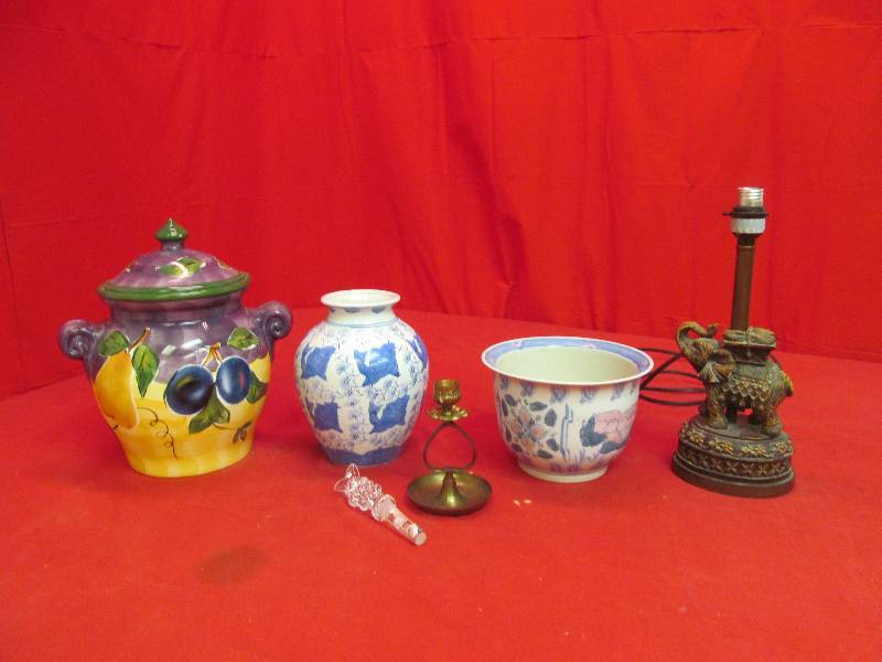 Lamp,vase,cookie jar, brass candle stick , bottle stopper
