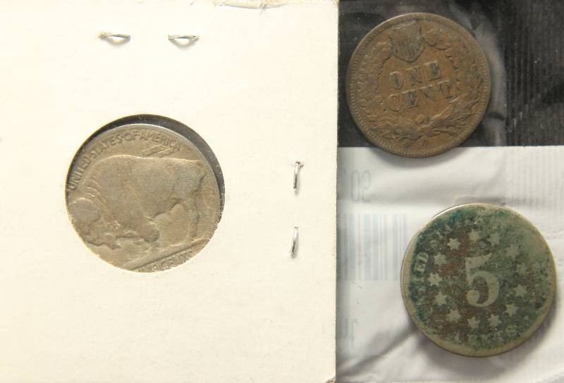 3 Coins 1870 Shield 5c, 1899 Indian 1c & 1927 Buffalo 5c