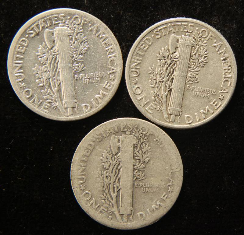 3 MERCURY DIMES 1919-S, 1939 & 1941