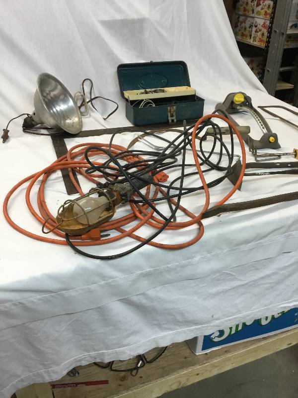 lot 37 image: Lawn Items - Sickle, Small hoe, Light, Extension Cord, Crow Bars, Sprinkler