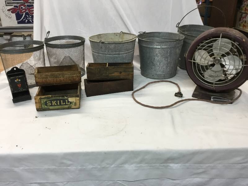 lot 41 image: Vintage pails, Cages (minnow) Wooden boxes Heater