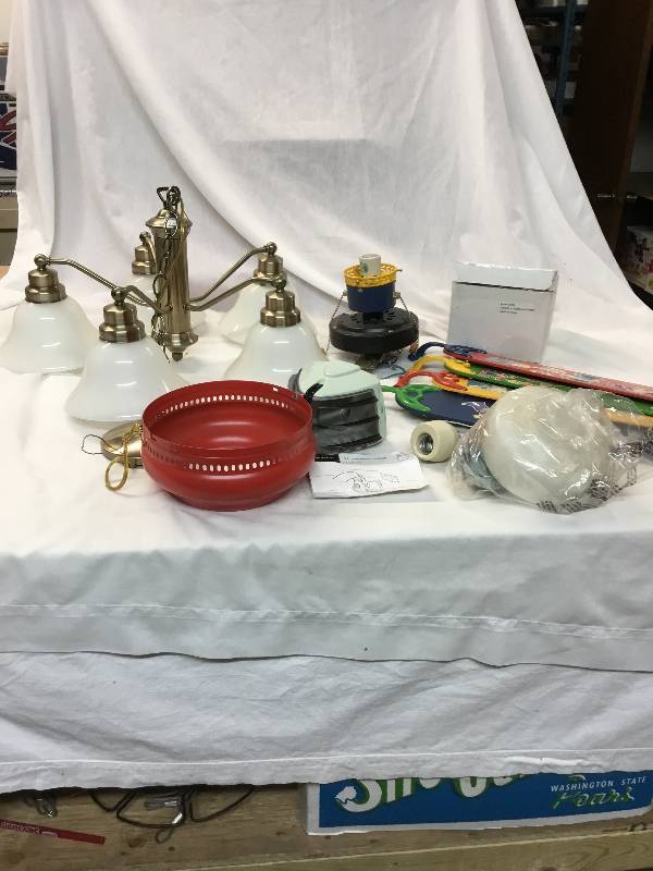 lot 52 image: 5 Light Chandelier, Kids Bedroom Fan, and a Germ-free Tooth Brush Case