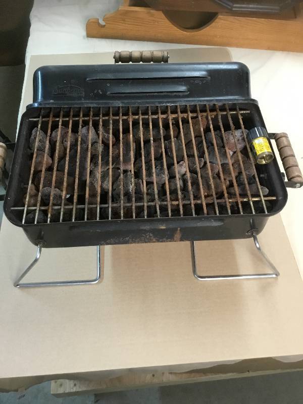 lot 59 image: 3 - 5 foot Fishing Poles - Three Rods and Two Reels, Zebco - 202, 404 - Portable Camping Propane Grill - Used