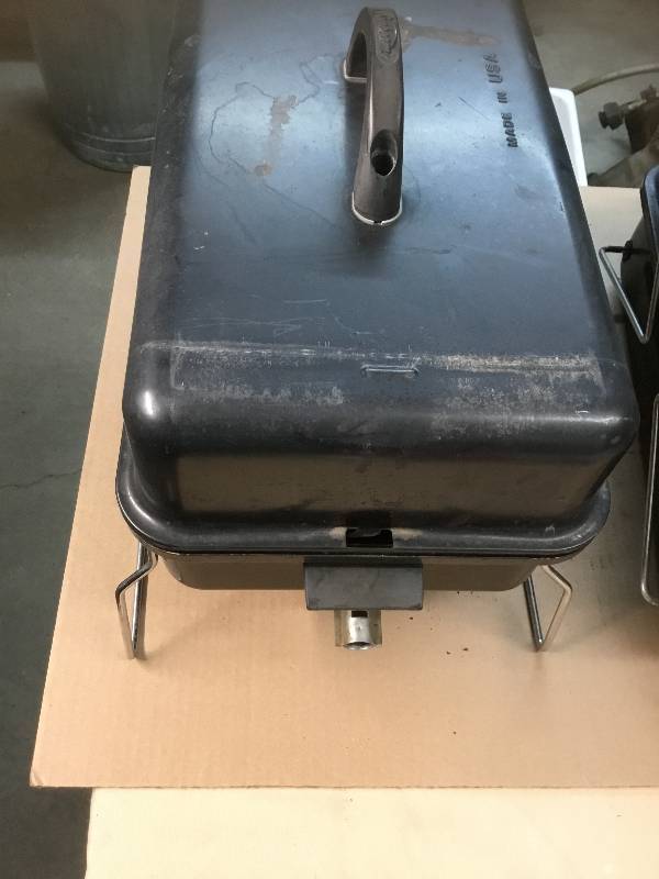 lot 60 image: 2 Zebco Rods 7 foot and a 5 foot and a Century Johnson 6 foot pole - Portable Camping Propane Grill - Used
