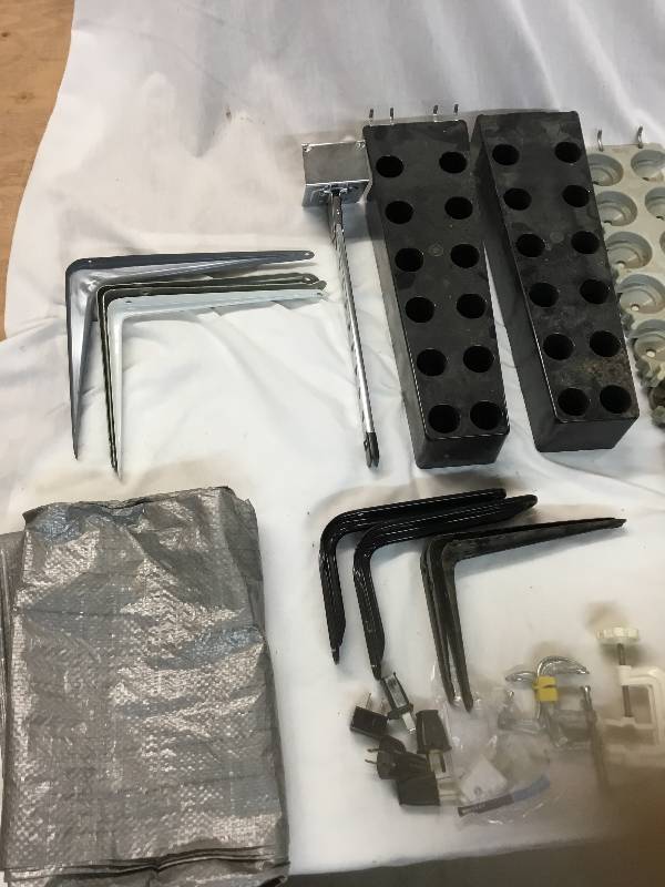 lot 66 image: Garage items shelf brackets, small clamps fishingpool cue racks