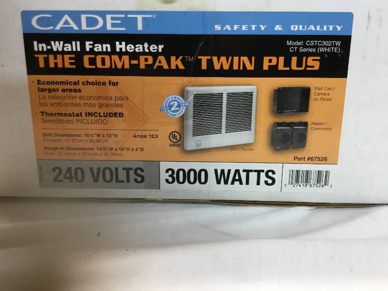 lot 71 image: Cadet  in wall fan heater New