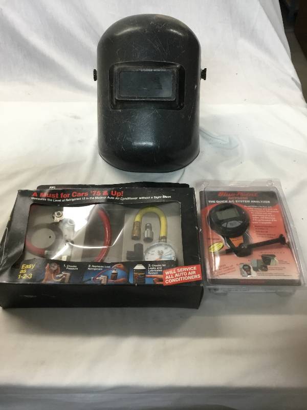 lot 73 image: Welding helmet  Quick AC check and Air Conditioner refrigerant 12 test and charger