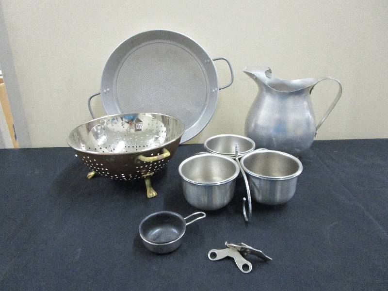 lot 30 image: Copper Strainer, and Various Strainer and Water Pitcher