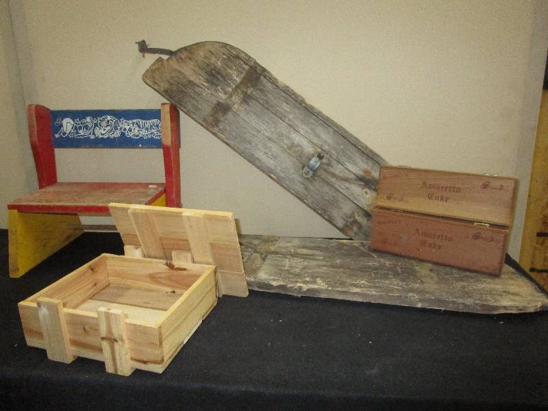 lot 54 image: Kids Stool, Antique Wood and Wood Boxes