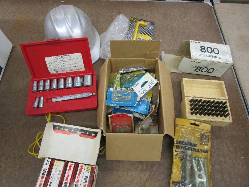 lot 73 image: Steel Stamping Set, Steering Wheel Puller, Ford Spark Plugs(BF42), Gasket Punch Set, Storage Hooks, Hard Hat